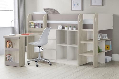 Image of happybeds Children's Mid Sleeper, Saturn 3ft Single Mid Sleeper Bed in 5 Colours and 4 Mattress Options (3FT - Open Spring Mattress, Taupe and White)