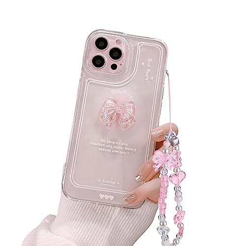 Image of Ownest Compatible with iPhone 12 Pro Max Case, Cute 3D Pink Bowknot Slim Clear Aesthetic Design Women Girls Sparkly Protective Phone Cases for iPhone 12 Pro Max + Glitter Crystal Chain