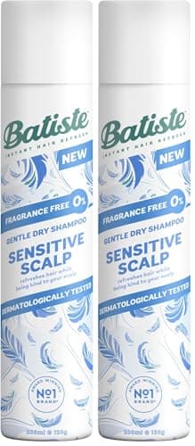 Image of Batiste Sensitive Scalp Fragance Free Dry Shampoo, Dermatologically Tested, Kind to Scalp, No Rinse Shampoo Hair Spray, Gentle Lightweight Formula for Refreshed Hair, 200ml (Pack of 2)