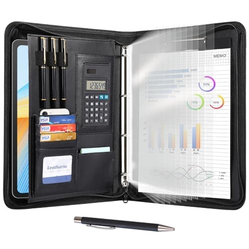 Image of Leathario Portfolio Folder A4, Vegan Leather 4-Ring Conference Folder, Includes 10 Clear Sheet Protectors and a Pen, Multi-Pocket Travel Document Holder, Folder Organiser, Office Supplies
