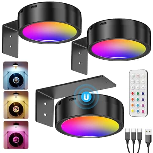 Image of USB Rechargeable Puck Lights with Remote, 2600mAh Battery Operated Picture Lights for Wall Wireless Led Picture Frame Light Magnetic Art Lighting for Paintings Stick On Display Lamp RGB Puck Light