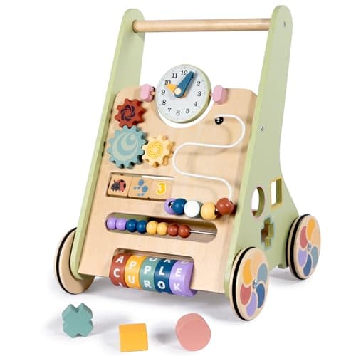 Image of LOL-FUN Wooden Baby Walker for Toddlers 12 Months, 10in1 Push Along Walker Toys, Multifunctional Activity Center for 1 Year Old Boys Girls Gift