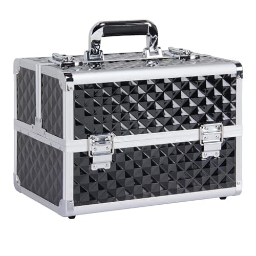 Image of Yaheetech Professional Makeup Box Extra Large Vanity Case with 4 Trays, Cosmetic Nail Polish Jewellery Cosmetic Case Beauty Vanity Make up Train Case Lockable Locks with Keys, Black/Silver