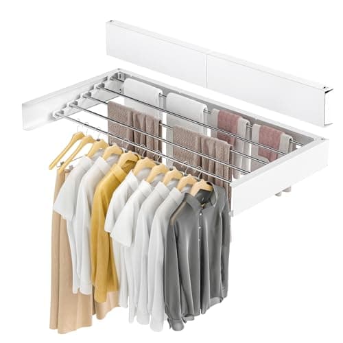 Image of GreenWhim Wall Mounted Clothes Airer 80 x 40 x 10 cm Retractable Foldable Drying Rack with 5 Rods 30kg Capacity Space Saving Laundry Hanger for Indoor Outdoor (White)