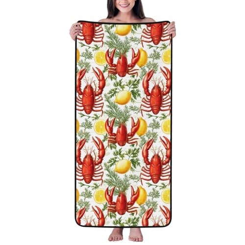 Image of Buewutiry Bath Towel - Funny Lobster Lemon Print Highly Absorbent Towels for Bathroom, 27x55in Quick Drying Microfiber Bath Towels for Body, Large Soft Shower Towels for Yoga, Spa, Gym
