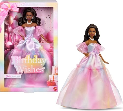 Image of Barbie Signature Birthday Wishes Fashion Doll with Black Hair in Dress with Pastel Rainbow Effect, Collectible Toy with Giftable Packaging, JJX80