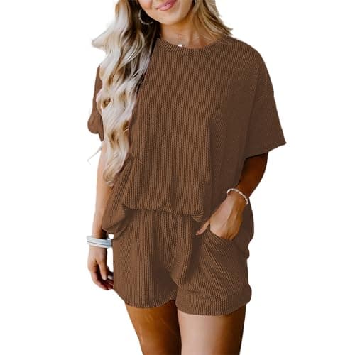 Image of amropi Women's Striped Short Sleeve T-Shirt Top and Shorts 2 Piece Loungewear Summer Outfits Set Coffee,L