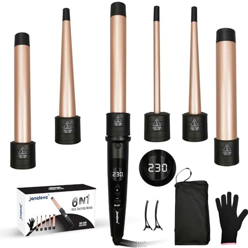 Image of janelove Hair Curler, Curling Wand,6 in 1 Hair Iron Set for Long/Short Hair, with 5 Interchangeable Ceramic Barrel,Include Large/Small Curlers,with Heat Resistant Glove