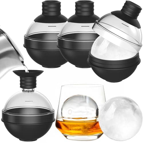 Image of Large Silicone Ice Cube Tray for Whiskey - Set of 4 with 2-in-1 Funnel Lid - 6 cm Round Ice Cube Moulds for Cocktails Bourbon - Easy Release - Perfectly Round