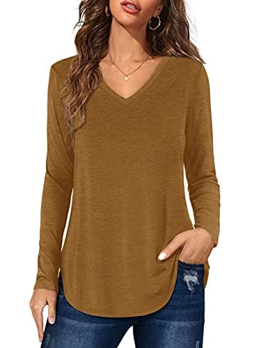 Image of Women's Tops Casual V Neckline Long Sleeve T-Shirt Basic Swing Tunic Shirts Brown Size 12 14