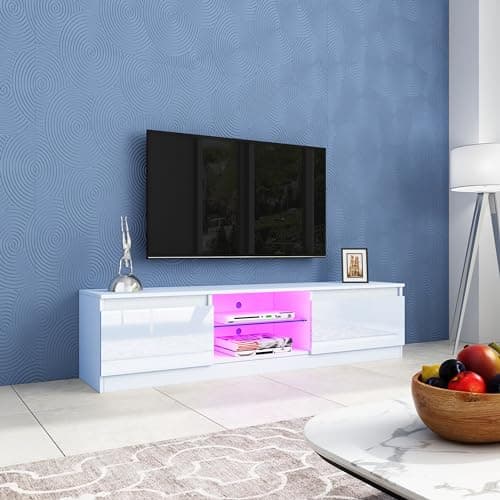 Image of Senvoziii Modern TV Cabinet Led Light White High Gloss Front TV Stand Unit 160CM with 2 Doors 2 Glass Shelves TV Units for TVs up to 75 Inches