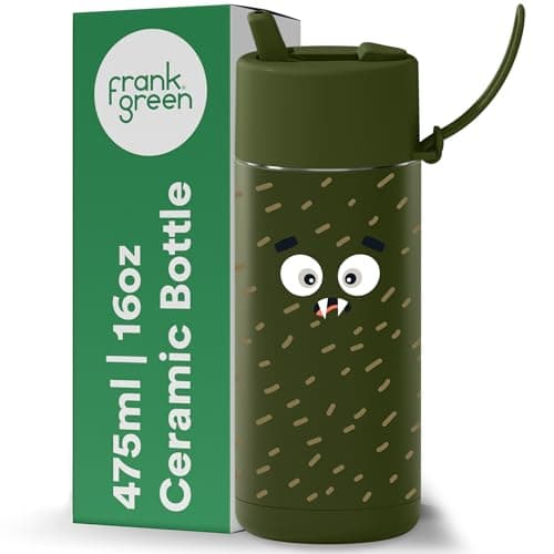 Image of frank green Reusable Cup with Flip Straw Lid, Frankster Drinks Bottle for Kids, Spill and Leak-Resistant, Ceramic Lined - Scout, Khaki 16oz
