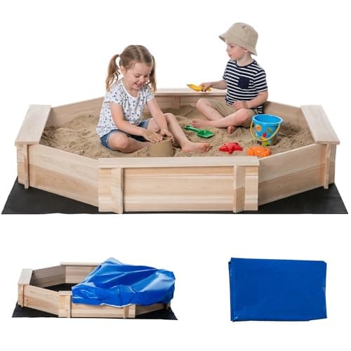 Image of Outsunny Kids Wooden Sand Pit Children Sandbox with Cover Outdoor Playset for Backyard for 3-8 years 139.5 x 139.5 x 21.5 cm