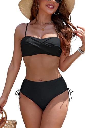 Image of SHEKINI Women's Strapless Bandeau Bikini Set,Two Piece Twist Front Swimsuit Adjustable Drawstrings Bathing Suit, Black, M