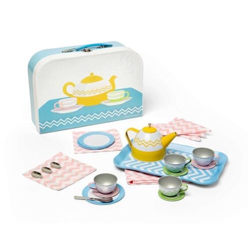 Image of Bigjigs Toys Tin Tea Set - 25 Piece Mini Teatime Playset with Carry Case, Children's Picnic Sets & Accessories, Kitchen Food Playsets, Kids Role Play Toy, Toddler Gifts For Girls & Boys, Age 3 Years +
