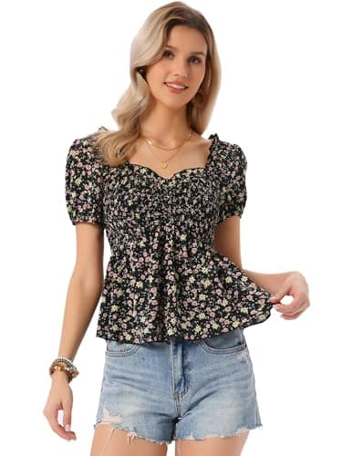 Image of Allegra K Puff Short Sleeve Floral Blouse for Women's Sweetheart Neck Shirred Ruffle Peplum Top Black XS