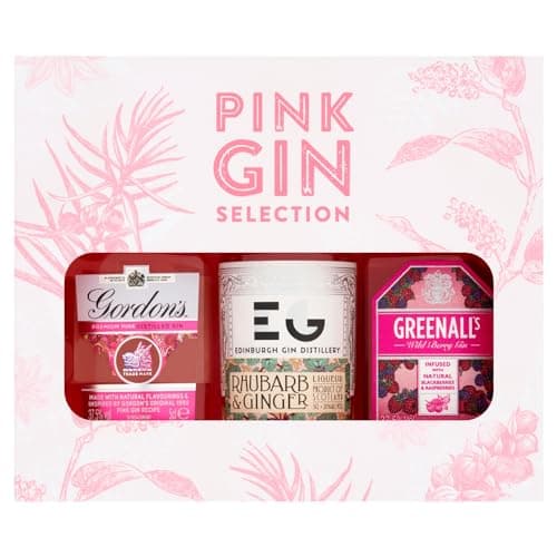 Image of Pink Gin Gift Set – 3 x 5cl Miniature Gins: Gordon’s Pink 37.5% ABV, Edinburgh Rhubarb & Ginger 20% ABV & Greenall’s Wild Berry 37.5% ABV – Gin Selection Set by Blue Tree Gifts