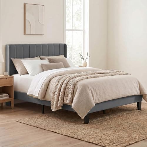 Image of Levede Double Bed Frame, Upholstered Platform Bed with Channel Tufted Wingback Headboard, Strong Wood Slat Support, Noise-Free Foundation, No Box Spring Needed, 4ft6 Double Bed, Grey