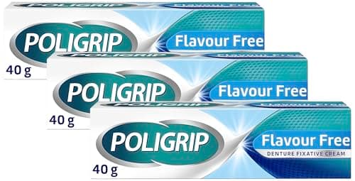 Image of Poligrip Denture Adhesive, Fixative Cream to Secure Dentures, False Teeth & Partials, Flavour Free, 40 g, (Pack of 3)
