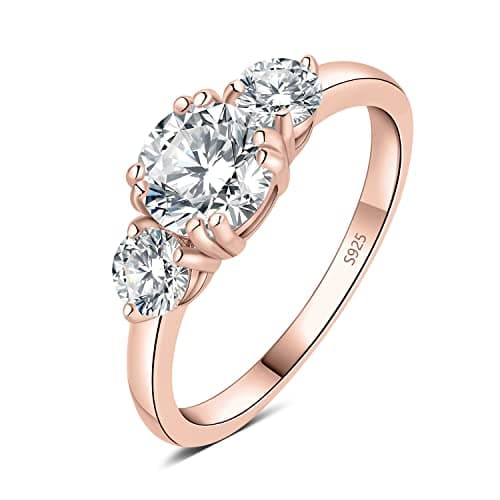 Image of JewelryPalace Classic 3 Stones 1ct Cubic Zirconia Engagement Rings for Women, 14k Rose Gold Plated 925 Sterling Silver Promise Ring for Her, Round Cut Simulated Diamond Wedding Rings Size 6