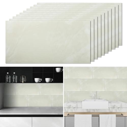 Image of Tarwanear Marble Tile Stickers 60 x 30cm 10PCS Self Adhesive Wall Tiles Bathroom Waterproof Peel and Stick Wall Moulding Panels PVC Stick on Tiles for Home Decor Kitchen Backsplash,Beige Yellow