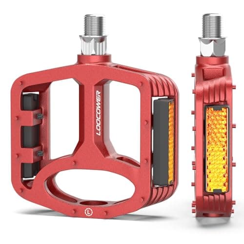 Image of Mountain Bike Pedals with Reflectors Strips, 9/16" Non-Slip Aluminum Alloy Cycling Platform Bicycle Pedal for MTB BMX Racing Road E-Bike - Red
