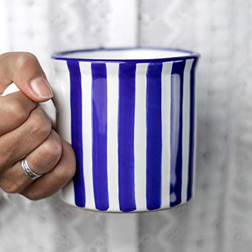 Image of City to Cottage® Navy Blue Striped | Designer Handmade Hand Painted | Unique Ceramic Extra Large 17.5oz/500ml | Hot Chocolate Coffee Tea Mugs Cups with Handle | Gift