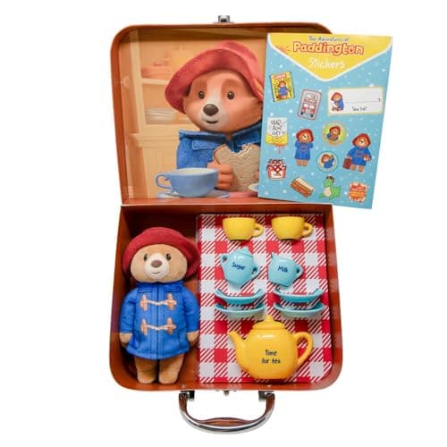 Image of Rainbow Designs Paddington Bear's Toy Tea Set - 9-Piece Children's Tea Set with Teapot, Cups, Saucers & Sugar Pot - Features Cuddling Soft Toy, Reusable Suitcase & Sticker Sheet