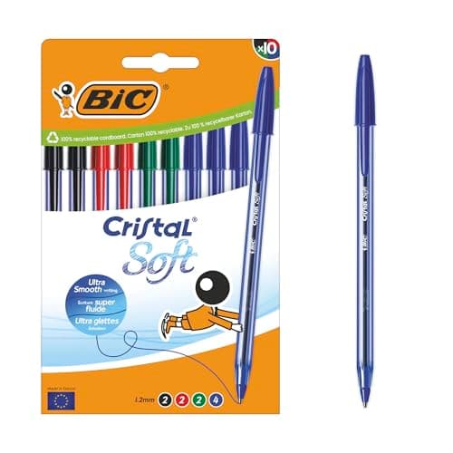 Image of Bic Cristal Soft Ballpoint Pens Medium Tip (1.2 mm) with Easy Glide Ink – Assorted Colours, Box of 10