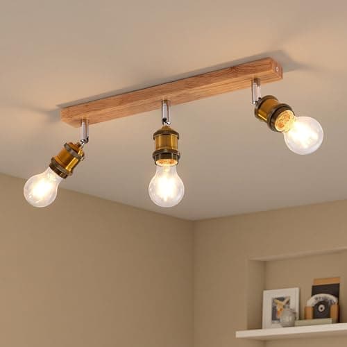 Image of Beleben Adjustable 3 Way Ceiling Light Fixture Rotatable Wooden Spotlight Retro Ceiling Fitting with E27 Bulb Sockets for Bedroom, Living Room, Kitchen,Hallway,Lounge (Bulbs Not Included)