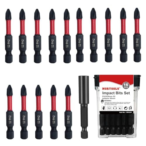 Image of NORTOOLS Impact Screwdriver Driver Bits Set 16pcs S2 Steel Magnetic Phillips Screwdriver Bit Set - (50mm) PH2 Non-Slip, 1/4" Hex Shank, High Torque Impact Resistant for Drills & Screwdrivers