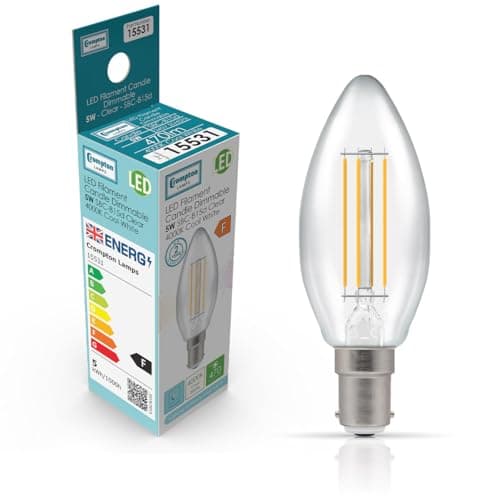 Image of Crompton Lamps Filament Candle LED Light Bulb SBC-B15d | 5W = 40W Equivalent | Cool White 4000K | Energy Efficient | Small Bayonet Lightbulb | Long Life 15000-Hrs | Clear Glass | Dimmable