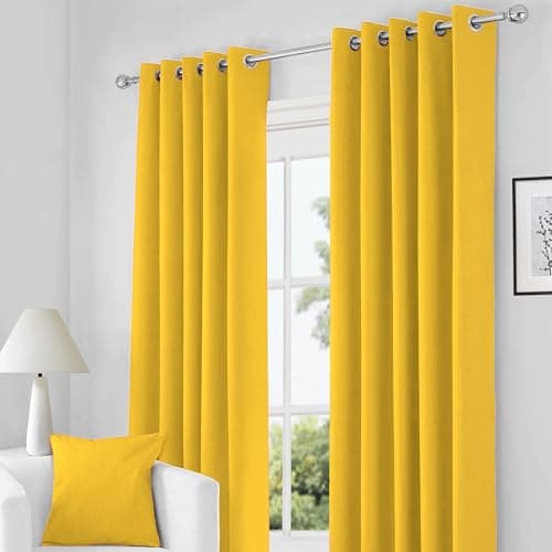 Image of RayyanLinen Readymade Blackout Thermal Eyelet Ring Top Pair of Curtains Including 2 Tiebacks (OCHRE YELLOW, Width 46" x Drop 54")