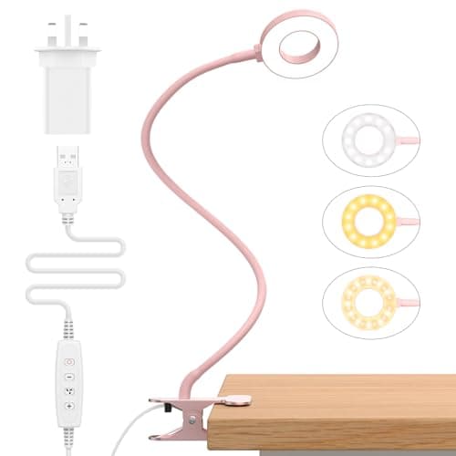 Image of iZELL LED Desk Lamp -【3 Color Modes & 10 Brightness】 Eye Caring Clip on Clamp Light with 70cm Flexible Arm, Book Ring Light with Plug for Home Office, Kids, Reading, Clip on Table, Headboard