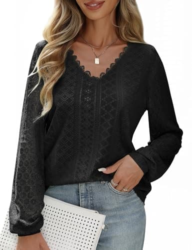 Image of PASUDA Womens Tops Long Sleeve Ladies Blouses V Neck Casual Shirts Elegant Cutout Scalloped Lace Tunic Tops Fashion Dressy Loose Fit T Shirts(Black,S)