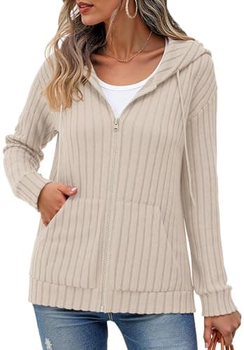 Image of YGJIEGENG Zipper up Sweatshirts for Women UK Full Zip Up Hoodie Long Sleeve Light Hoodie Coat with Pockets Ladies Summer Autumn Winter Drawstring Hoodies Jacket Top, Apricot, S