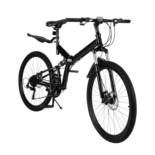 Image of Hydrangeary 26in Mountain Bike 21-Speed Hardtail Mountain Bike Folding Bicycle with Dual Disc Brake, suitable for cycling enthusiasts between 5.25-5.6ft in height to ride on various roads.