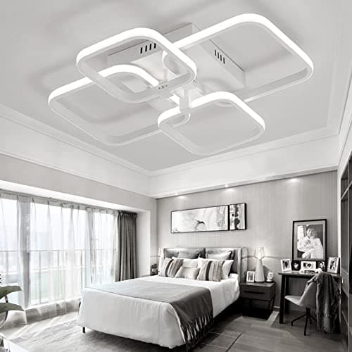 Image of XEMQENER Modern LED Ceiling Light with 4 White Squares, 60W Flush Mount Pendant Light, Acrylic Chandelier for Living Room Bedroom Dining Room, 6000K Cool White Light Only