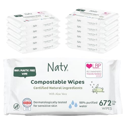 Image of Naty Baby Wipes Aloe | 98% Water, Hypoallergenic & Natural for Sensitive Skin | Unscented, Plant-Based, Fragrance-Free | Plastic-Free & Compostable | Newborn & Toddler Wipes | 672 Count (12 Packs)