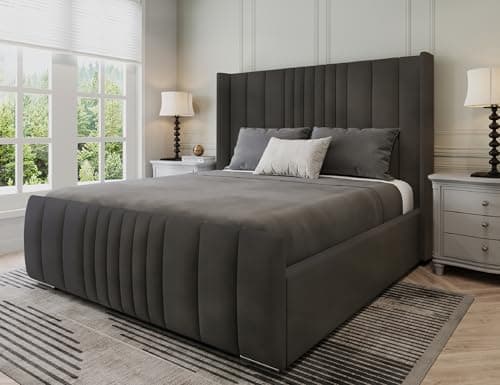 Image of Furnishion Manhattan Super King Bed Frame, 6ft Super King Size Bed, Luxury Plush Velvet Upholstered Panelled Design, Strong Wooden Beds Frame 6ft Size with High Headboard in Steel Plush