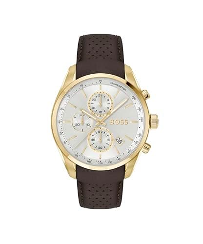 Image of BOSS Chronograph Quartz Watch with Calendar for Men Grand Prix 44 Collection with Brown Leather Strap - 1514225