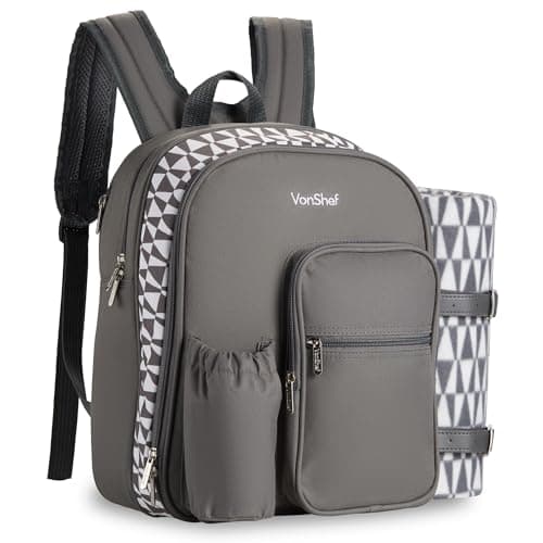 Image of VonShef Picnic Backpack, 2 Person Grey Picnic Bag with Full Dining Set, Insulated Cooler Compartment & Large Waterproof Picnic Blanket, Lightweight Water Resistant Camping Accessories
