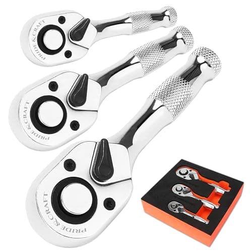 Image of PRIDE&CRAFT 3pc Stubby Ratchet Wrench Set, 1/4", 3/8", 1/2" Drive Mini Small Ratchet, 72-Tooth, Socket Wrench Quick Release Reversible Design, Chrome Alloy Made, EVA Organizer