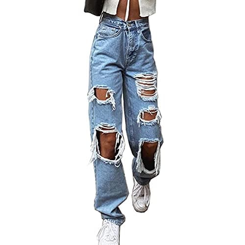 Image of FeMereina Women Ripped Boyfriends Jeans High Waist Baggy Denim Pants Wide Leg Straight Trousers Y2k Streetwear for Teen Girls (Blue, Medium)