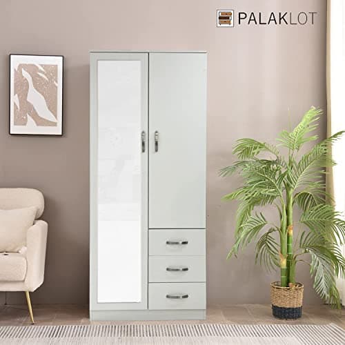 Image of PALAKLOT 2 Door 3 Drawer Full-length Mirror Wardrobe | Modular Cabinet for Space Saving | Ideal Storage Organizer | Matt Finish (White)