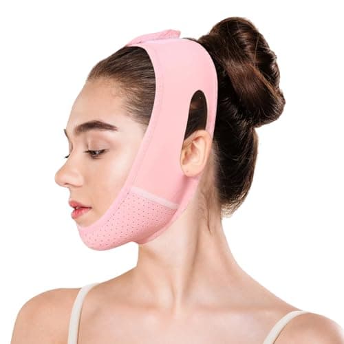 Image of Double Chin Lift V Line Mask, Reusable Face Strap for Women & Men, V-Shaped Chin Strap for Jawline Lifting, Double Chins Reducer for Sleeping, Anti-Sagging & Facial Contouring (Pink)