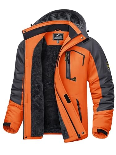 Image of KEFITEVD Warm Waterproof Ski Jacket for Men Thermal Fleece Jackets for Winter Windbreaker with Detachable Hood,Orange Grey,XL