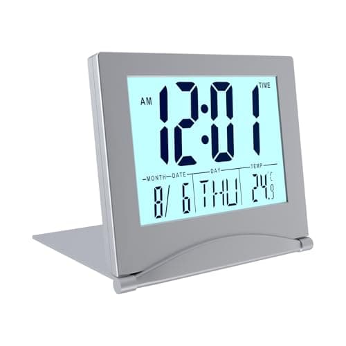 Image of MMOBIEL Digital Clock LCD Travel Alarm Foldable with Backlight – Day, Date and Temperature Indication – Digital Alarm Clock for Table, Desk - Battery Operated – Silver