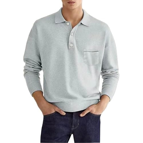 Image of Polo Shirt Men's Long Sleeve Comfort Polo Shirt Breathable T-Shirt Leisure Button Down Long Sleeve Shirt Men Basic Casual Polo Shirt for Transitional Period, gray, L