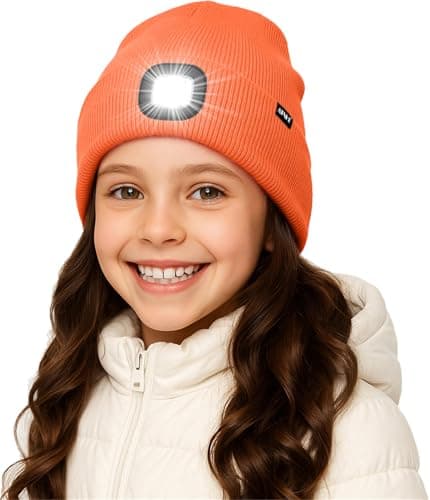 Image of ATNKE Kids LED Lighted Beanie Hat,USB Rechargeable 4 LED Running Headlamp Ultra Bright Cap with Light Hands Free Head Torch Winter Warm Lined Fleece Knit Beany Gifts for Boys and Girls/Bright Orange